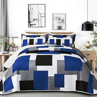 Tyrot 3 Piece Blue White Grey Quilt Full/Queen Size Blue White Bedding Set