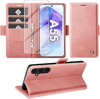 Giyer Cover for Samsung Galaxy A55 5G Case with Tempered Glass, Premium PU Leather Wallet RFID Card Slot Anti-Theft Function Stand Flip Case, Shockproof for Samsung A55 5G Cover (Pink)