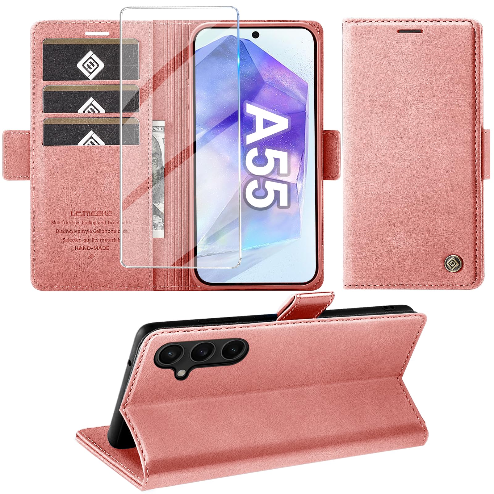 Giyer Cover for Samsung Galaxy A55 5G Case with Tempered Glass, Premium PU Leath