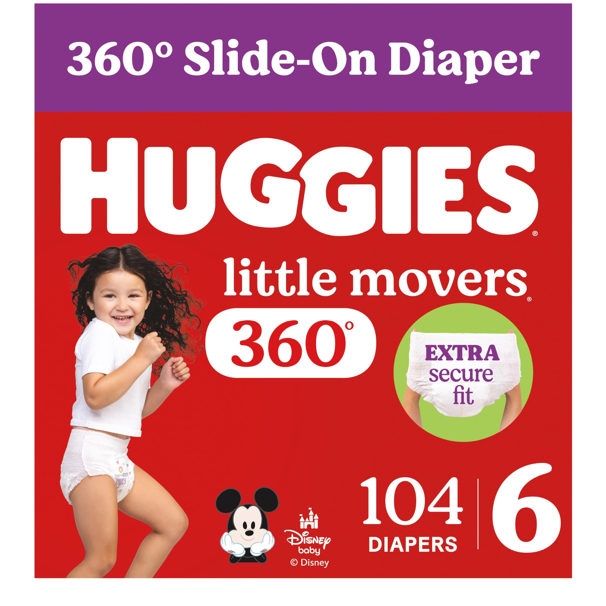 Huggies Little Movers HuggFit 360 Diapers Size 6, 104 Count (2 Packs of 52) | Pu
