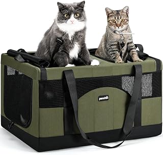 Pecute Large Cat Carrier, Soft Double Pet Crate for 2 Cats Travel, Green | Anti-Collapse Steel Frame, Convertible Dual Space, Foldable, Polyester Breathable mesh, Up to 26 lbs, Car Travel & Vet Visits