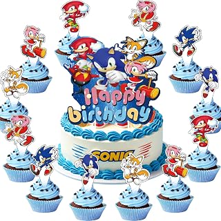 25Pcs For Sonic Cake Decorations with 24pcs Cupcake Toppers, 1pcs Happy Birthday Cake Topper, Cartoon Themed Party Supplies, Perfect for Birthday Party Decorations
