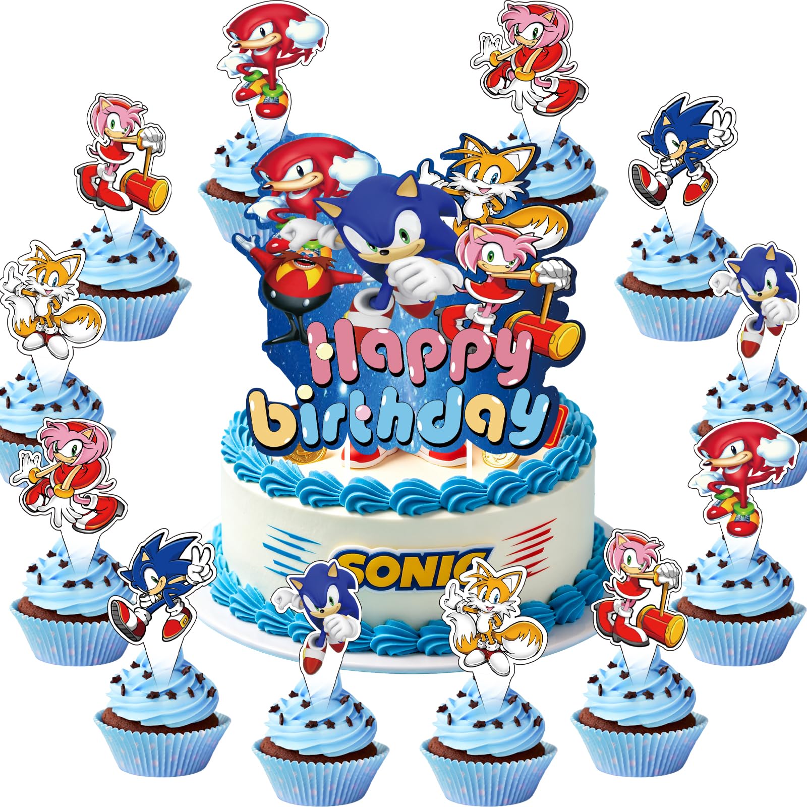 25Pcs For Sonic Cake Decorations with 24pcs Cupcake Toppers, 1pcs Happy Birthday