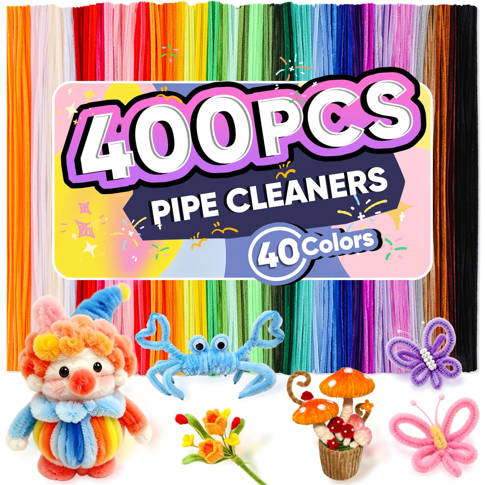 400 PCS Pipe Cleaners Bulk, 40 Colors Chenille Stems Pipe Cleaners Craft | Pipe 
