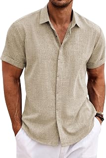COOFANDY Men's Linen Shirt Short Sleeve Button Down Shirt Regular Fit Casual Shirts Summer Beach Linen Shirt