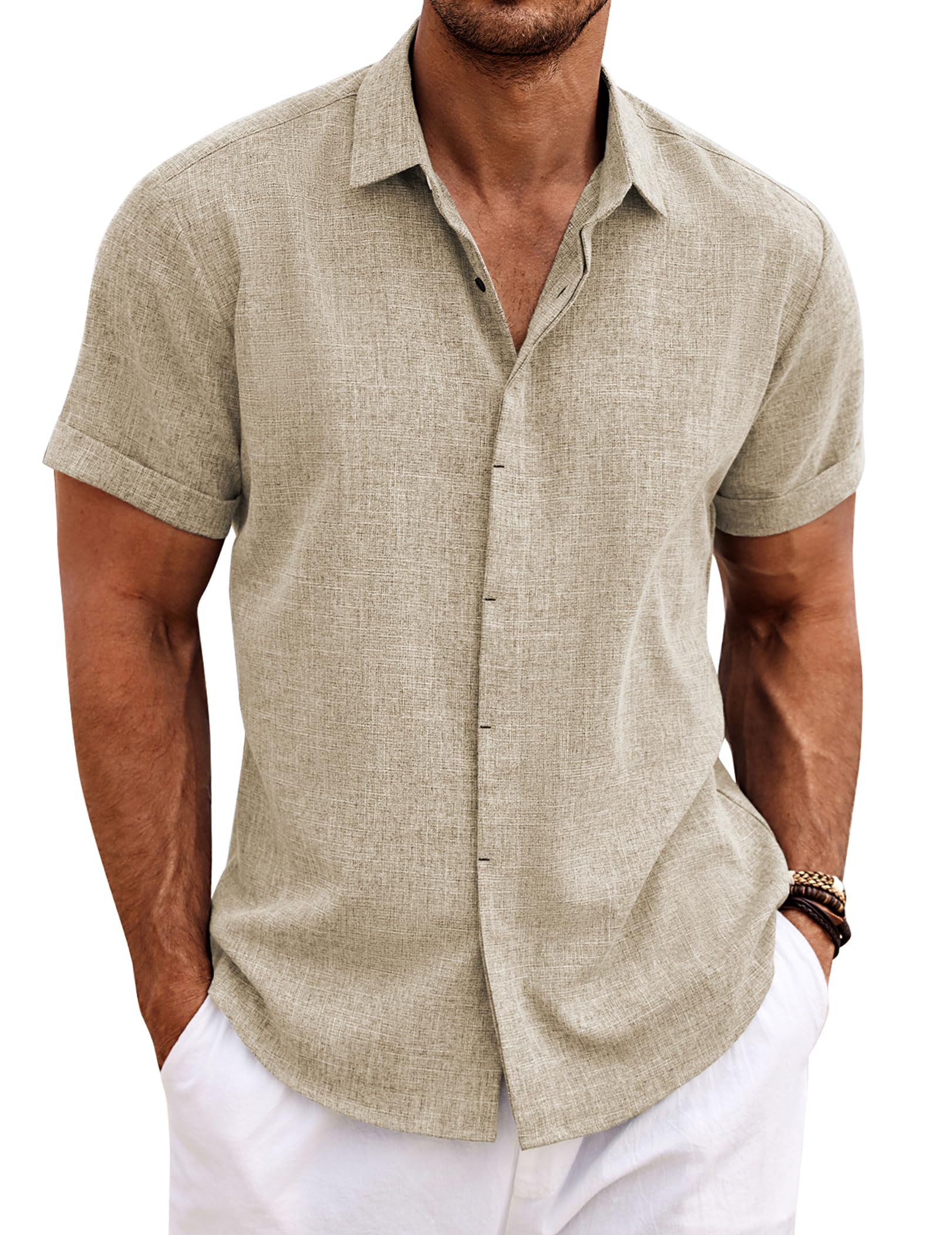 COOFANDY Men's Linen Shirt Short Sleeve Button Down Shirt Regular Fit Casual Shi
