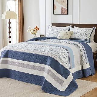 EWlinens Blue Striped Oversized Bedspreads King Size - 100% Cotton 120"x120" Oversized King Quilt Bedding Set, Farmhouse Reversible Floral Lightweight Comforter White Bed Spread for All Season, 3pcs
