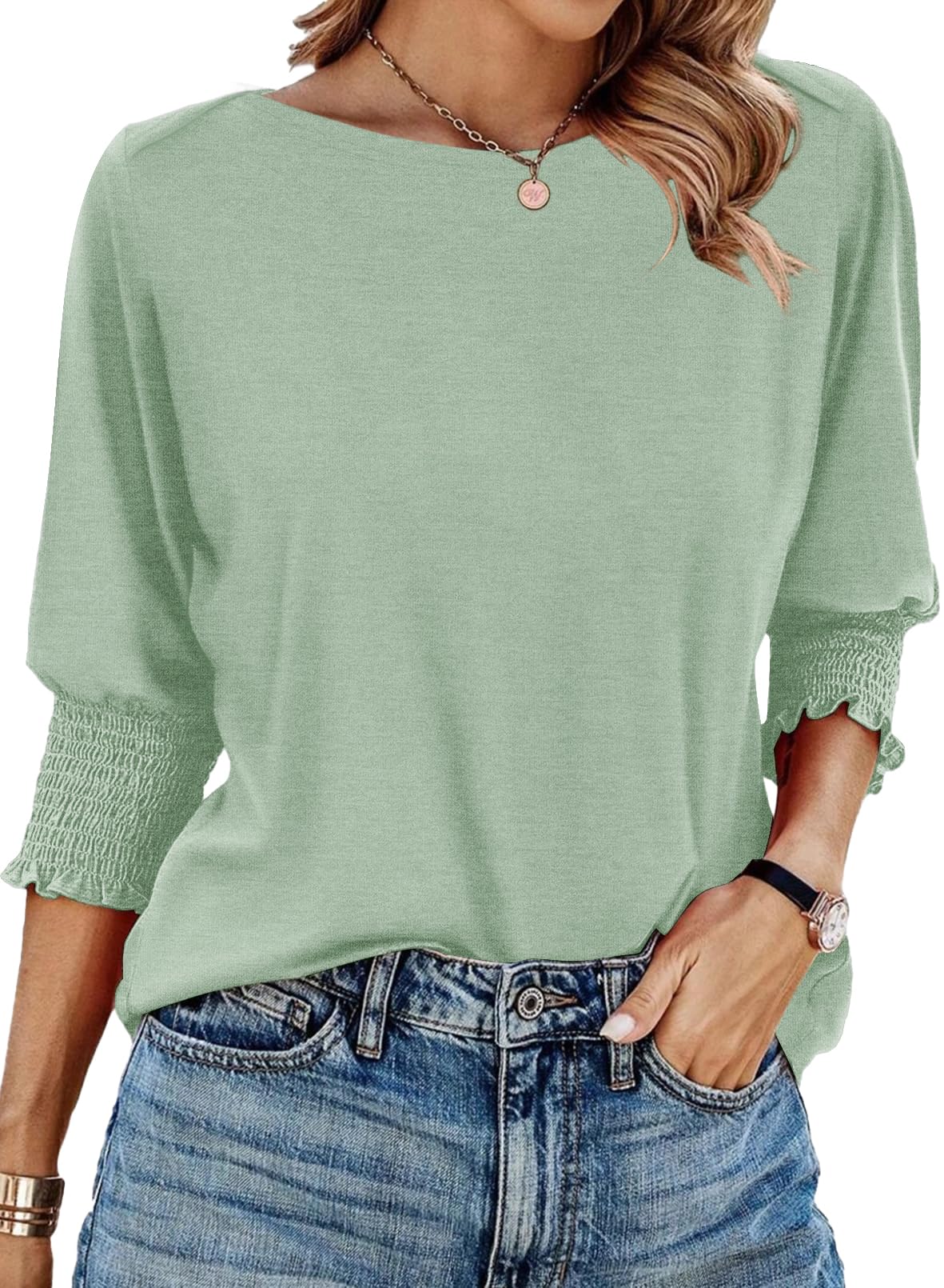 IECCP Women's 3/4 Sleeve Top Summer 2025 Fashion Trendy Boat Crew Neck Smock Wor