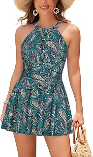 SHEKINI Womens Elegant One Piece Swimdress High Neck Swim Dress Ruched Swim Skirt