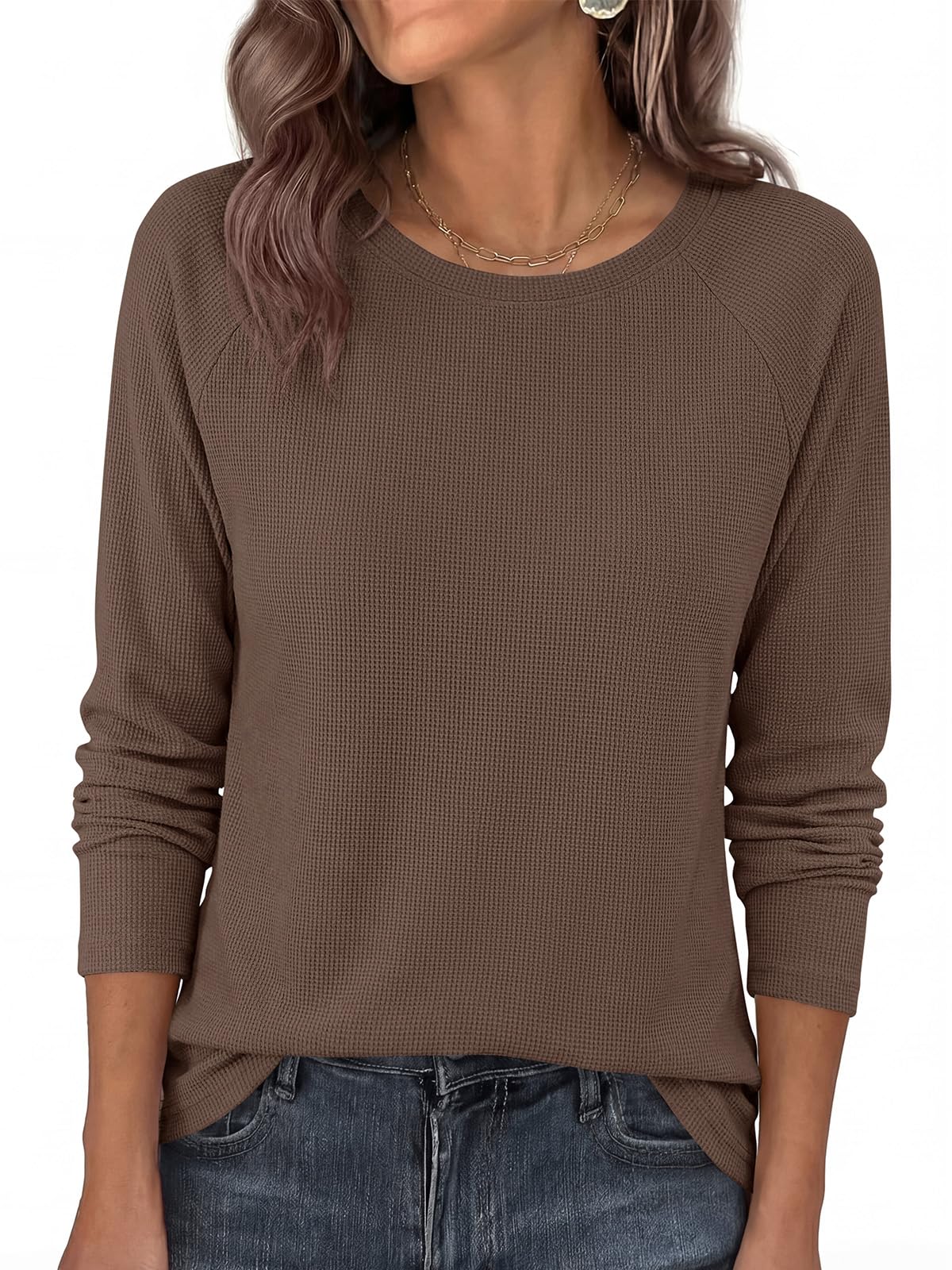PRETTYGARDEN Top da donna elegante casual leggero girocollo manica lunga waffle 