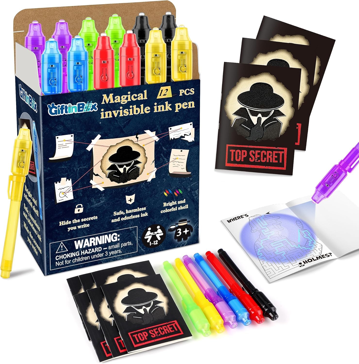 GIFTINBOX Invisible Ink Pens with UV Light - 12Pack Invisible Ink Pen and Notebo