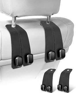 VETERBONE Car Hooks for Headrest, 2Pcs Seat Back Storage Hook Luxurious Leather 100% Metal Multifunctional Car Hanger &amp; Holder for Heatrest, Seat, Bag, Purse (Black)