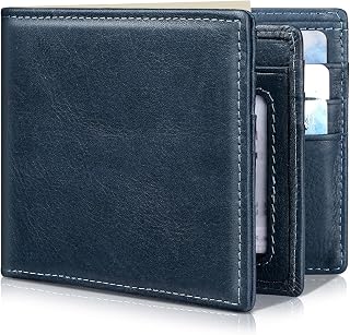 Artpaxy Mens Wallet Genuine Leather Bifold RFID Blocking Wallet for Men with 1 ID Window 13 Card Holders 2 cash pockets 1 Gift Box, Blue, Classic