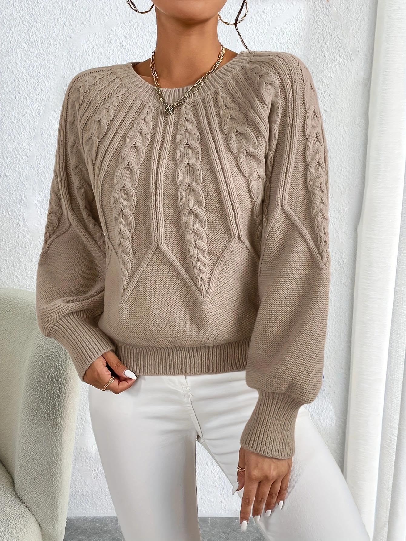 Women Chunky Knit Sweater with Lantern Sleeves, Cozy Fall and Winter Pullover Sw