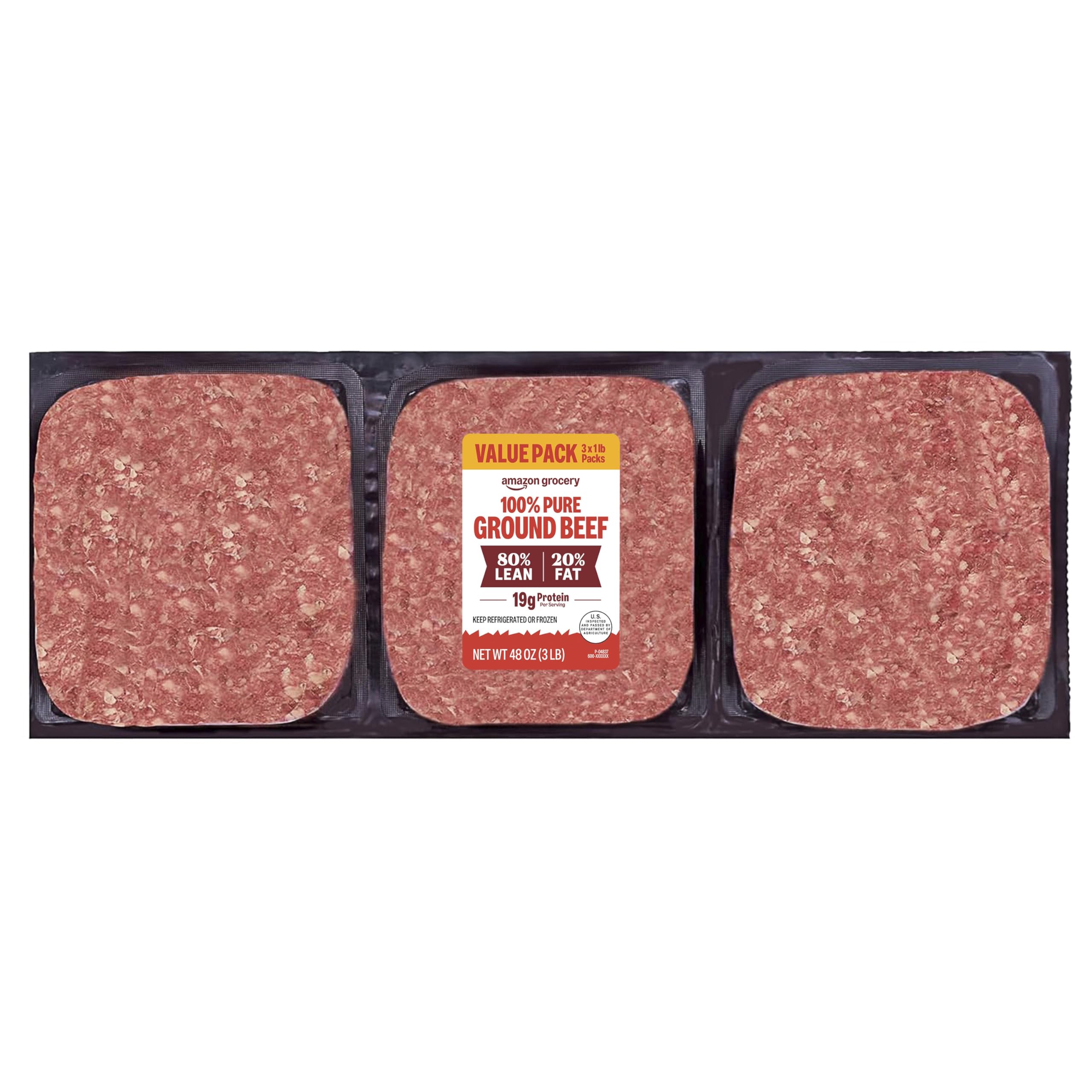 Amazon Grocery, Ground Beef, 80% Lean/20% Fat, 3 lb (Pack of 3)