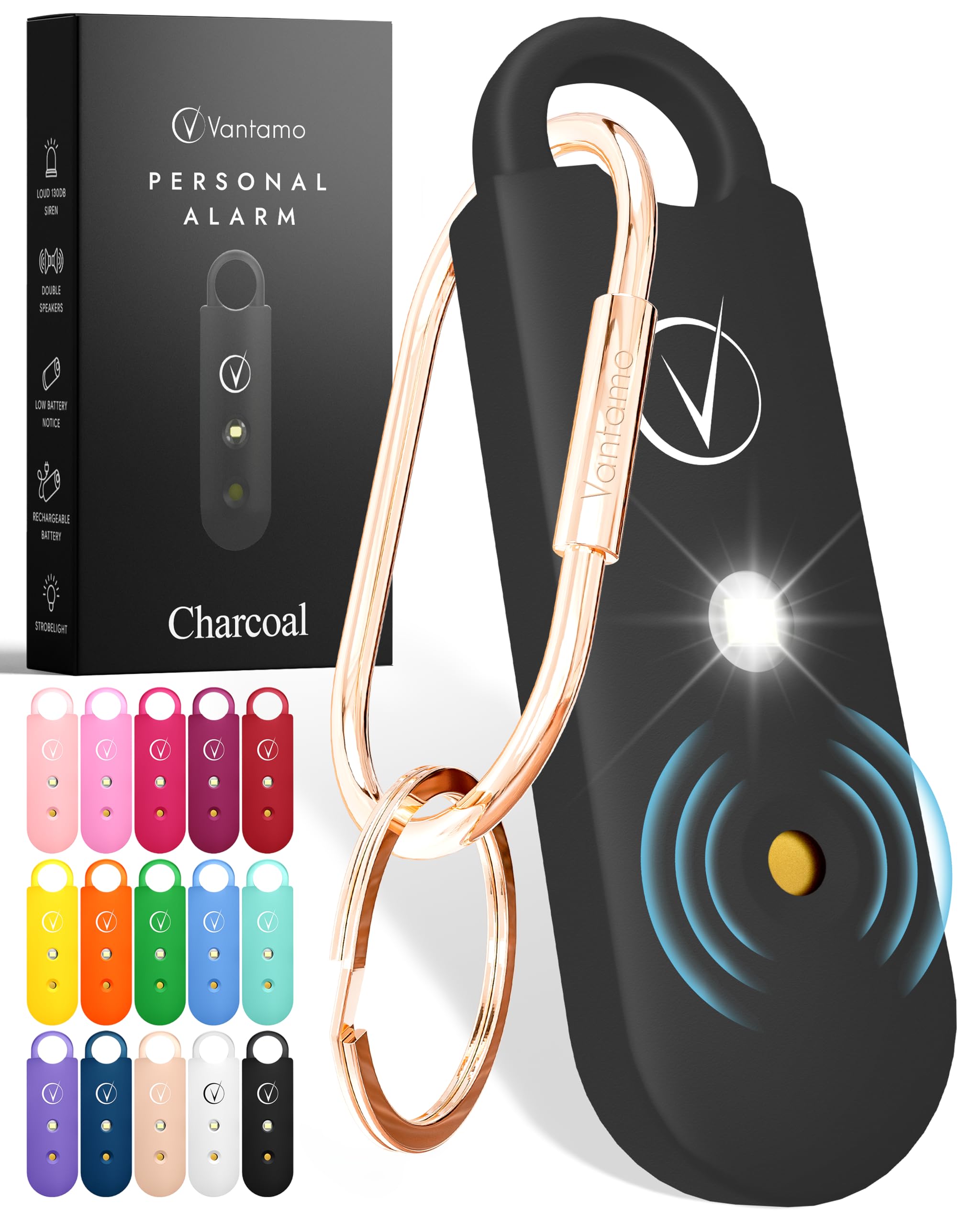 Vantamo Personal Alarm for Self Defense with Low Battery Notice, Strobe Light & 