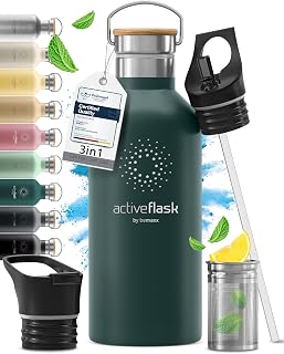 Active Flash Insulated Stainless Steel Water Bottle 1l/500 ml BPA Free + Straw (3 Caps) | Insulated Stainless Steel Water Bottle, Reusable Thermos | Camping Bike Sport Running Hiking Children Coffee