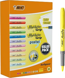 BIC Highlighters Grip Pastel and Neon Colours - Highlighter Pens Multipack - Stationery Supplies Pack of 24