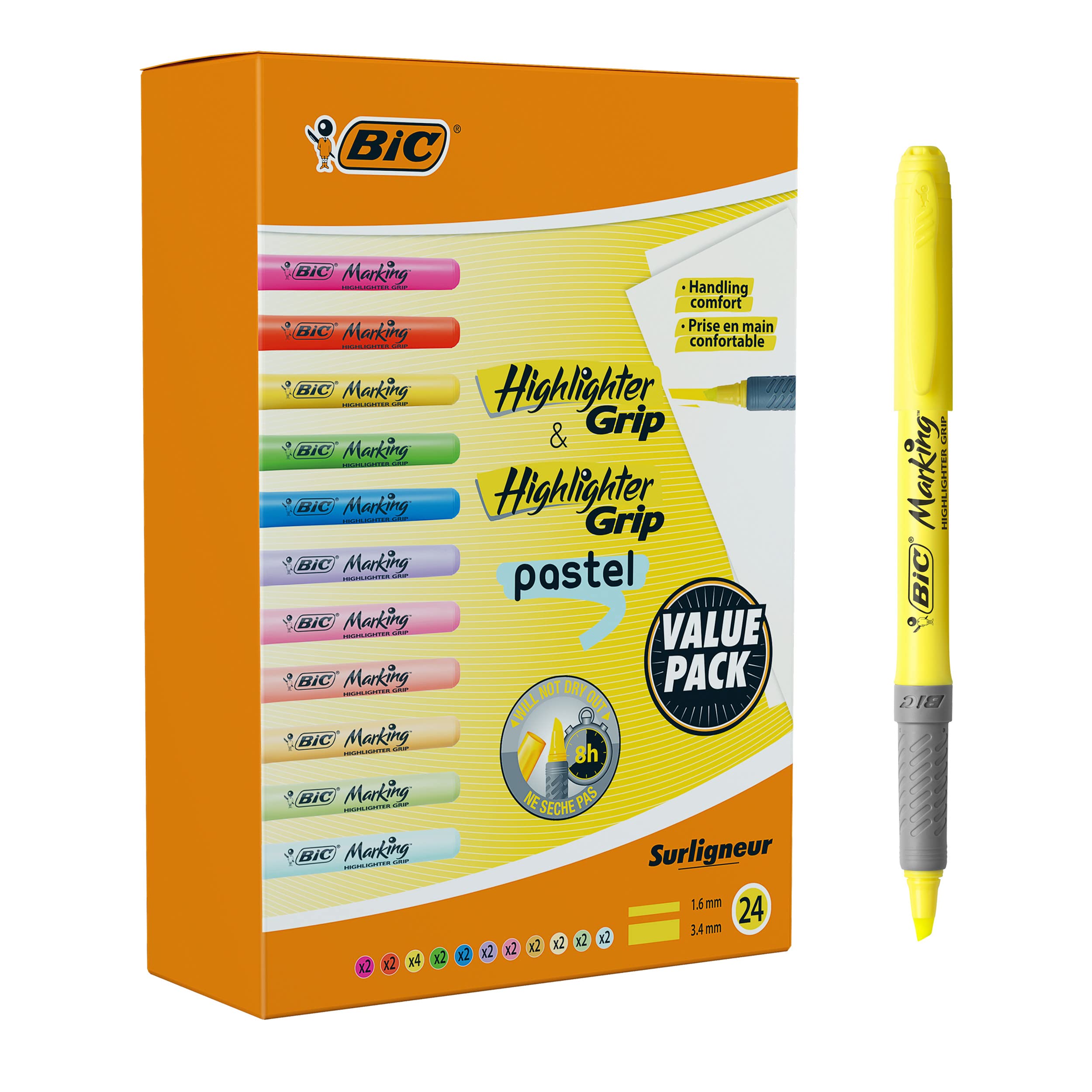 BIC Highlighters Grip Pastel and Neon Colours - Highlighter Pens Multipack - Sta