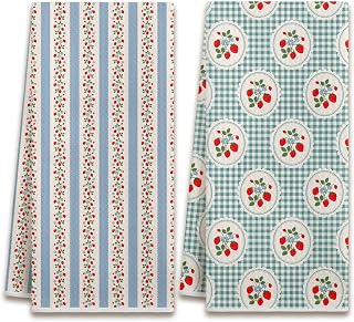Cute Strawberry Striped Hand Towels for Bathroom Decorative Set of 2 - Blue Striped Kitchen Towels, Sage Green Checkered Kitchen Towel Decor, Spring Summer Bathroom Decor, Strawberry Gifts for Women