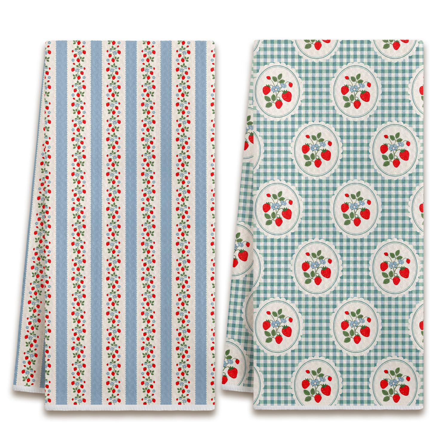 Cute Strawberry Striped Hand Towels for Bathroom Decorative Set of 2 - Blue Stri
