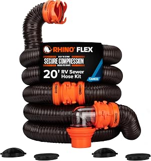 Camco RhinoFLEX 20-Ft Complete RV Sewer Hose Kit - Made in the USA | Includes Clear Elbow w/ Sewer Adapter, (2) 10ft Sewer Hoses, 360 Swivel Fittings - Fits in Standard 4" RV Bumper (39742)