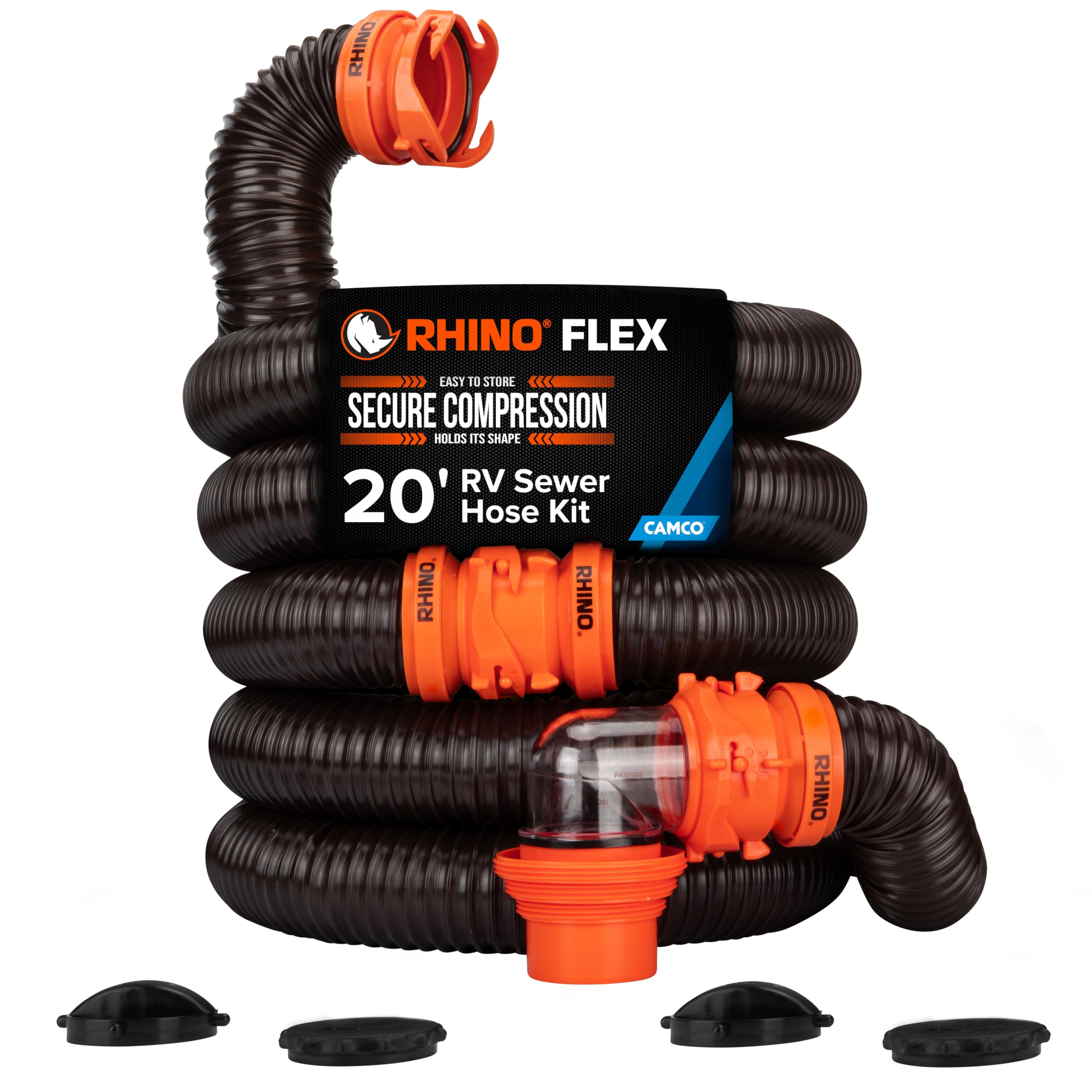 Camco RhinoFLEX 20-Ft Complete RV Sewer Hose Kit - Made in the USA | Includes Cl