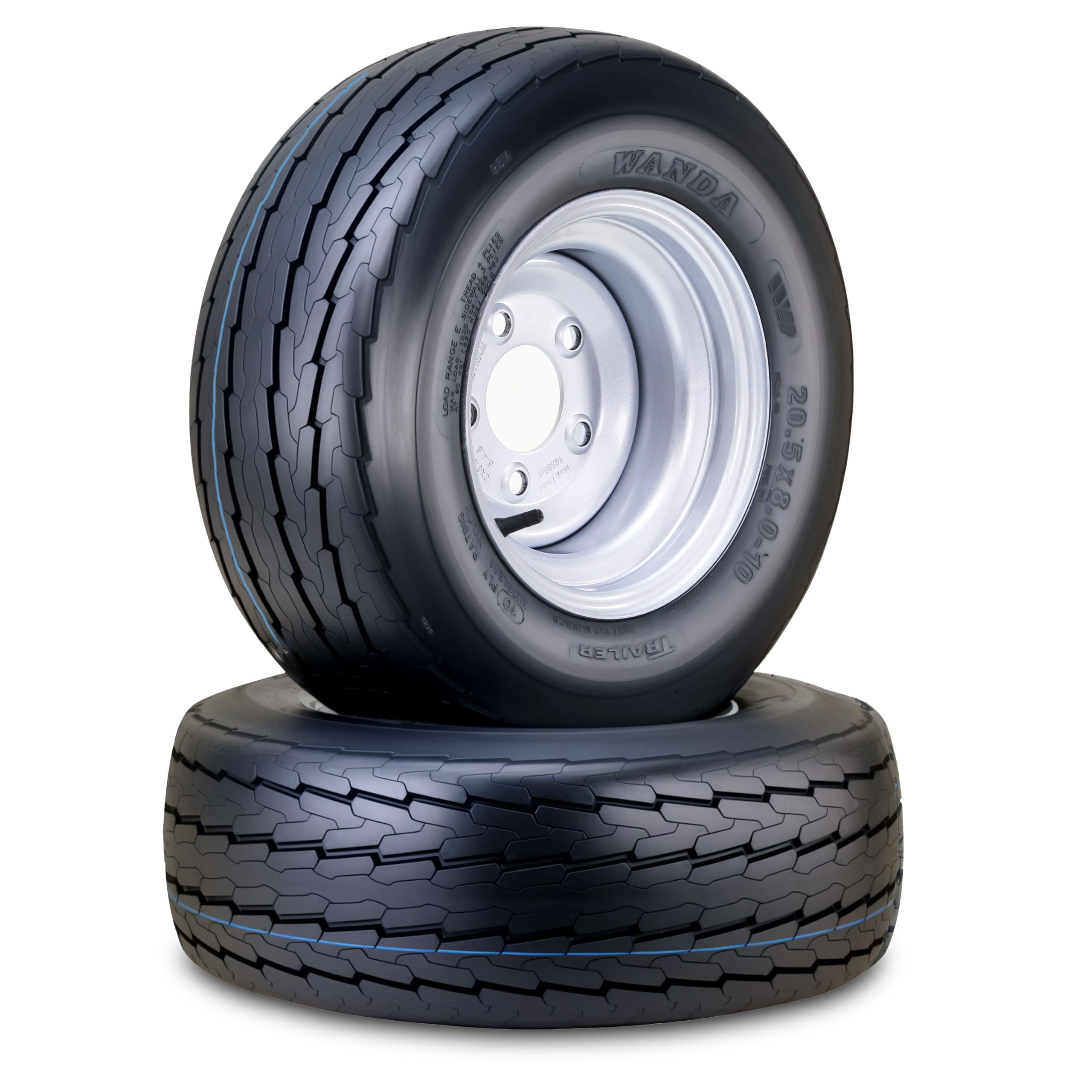 WANDA Trailer Tire & wheel 20.5x8-10 10PR E 95L w/ 5X4.5" Silver Rim,Set 2 | 5 L