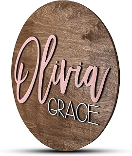 Custom Round Nursery Name Sign, Personalized Wooden Wall Plaque, 12" 18" 24" 30" 3D Wall Art for Children & Kids Rooms, Baby Shower, Hickory Hollow Designs (Olivia Grace)