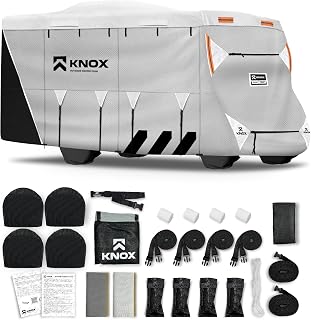 KNOX 2nd Gen Class C RV Cover, Anti-Tear APEX Fabric, Fits Class C RVs, Travel Trailers and Motorhomes, Camper Cover Includes Ladder Cover, Wheel Covers and Gutter Covers - Size 23-26 ft