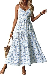 Women Dress Spaghetti Straps Summer Casual High Waist Floral Dresses Backless Bow Tie Flowing Beach Boho Party Sundress DJ581