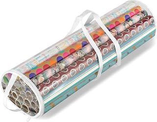 Whitmor Gift Wrap Storage Organizer with Handles & Zipper, 31", Clear/White | Clear wrapping paper storage bag keeps gift wrap rolls organized, visible and protected with easy-carry handles