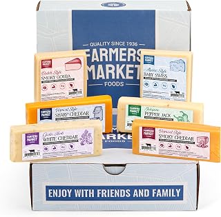 Farmers Market Cheddar, Gouda, Swiss, Pepper Jack Wisconsin Cheese Gift Set | Garlic Herb, Sharp, Extra Sharp Cheddar, Gouda, Swiss & Pepper Jack Gourmet Cheese Snack Assortment for Charcuterie Board