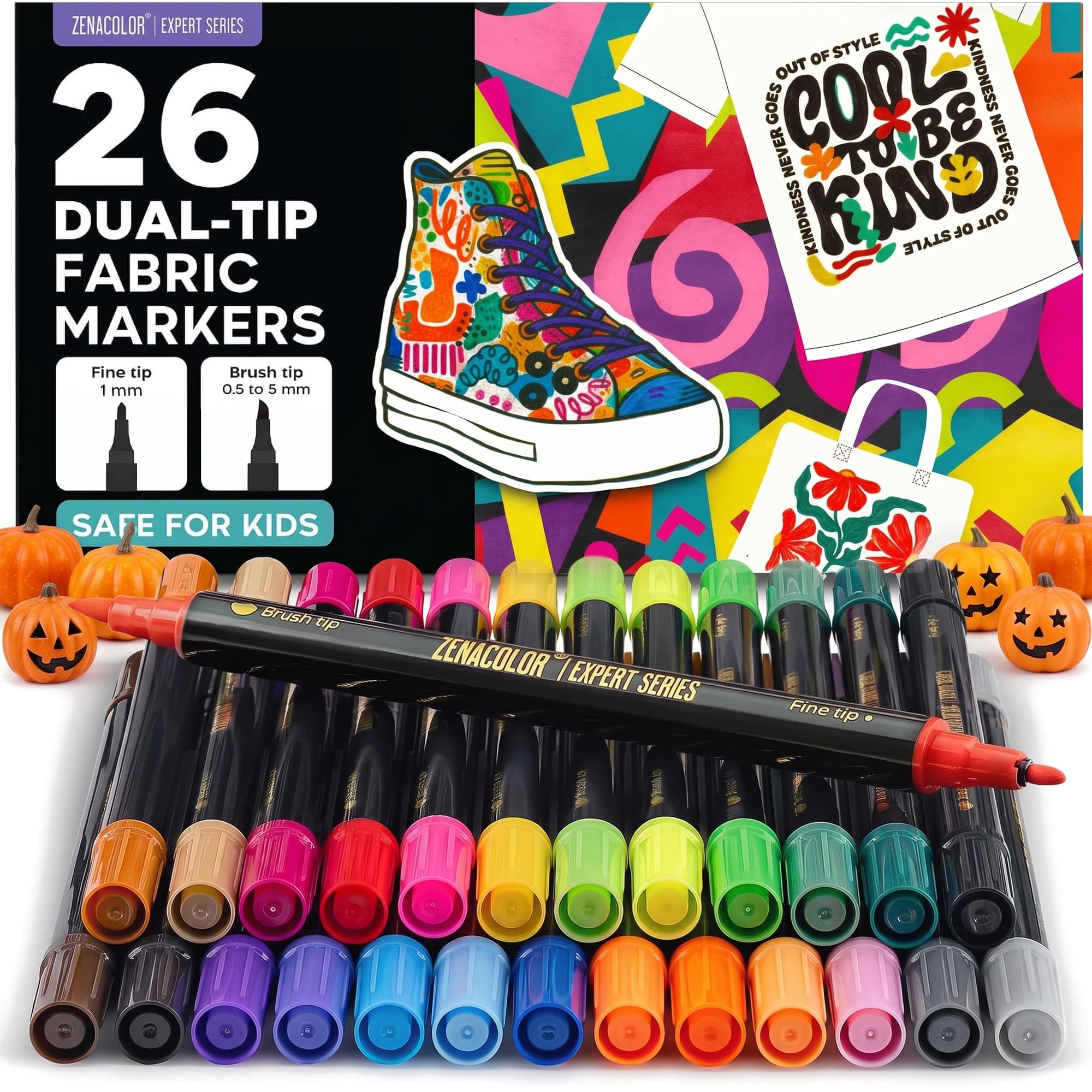 Zenacolor - 26 Fabric Markers Permanent for Clothes - Dual Tip | Non Toxic Paint