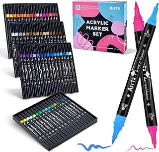 Arrtx Acrylic Paint Markers 64 Colors, Dual Tip Acrylic Markers with Brush Tip and Fine Tip, Paint Pens for Rock Painting, Wood, Paper, Ceramic, Egg, Glass, Canvas, DIY Crafts