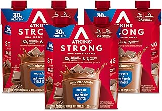 Atkins Strong High Protein Shake, Milk Chocolate, 30g Protein, 7g Prebiotic Fiber, 1g Sugar, GLP-1 Support, Muscle & Gut Health Support Complex, 12 Count