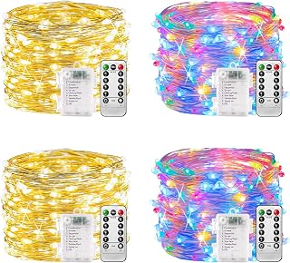 Battery Fairy Lights - 4 Pack, 10m 100 Led Copper Wire Fairy Lights, 8 Mode Remote Control Timer, Waterproof String Lights Battery Operated, Christmas Decoration Indoor Outdoor.(Warm White+Multicolor)