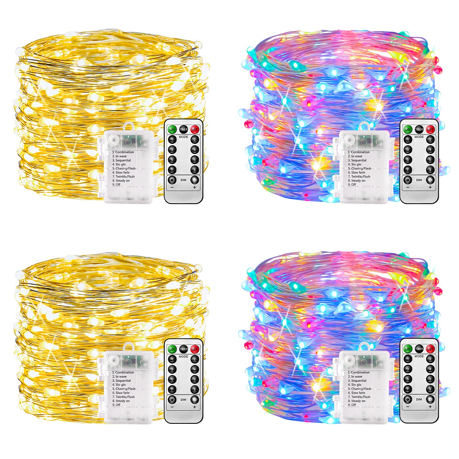 Battery Fairy Lights - 4 Pack, 10m 100 Led Copper Wire Fairy Lights, 8 Mode Remo