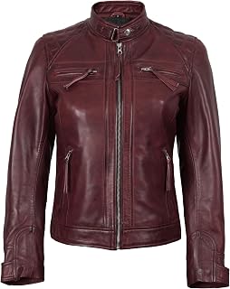 fjackets Leather Jacket Women Moto Style Real Lambskin Leather, Quilted Cafe Racer Classic Zip Up Women's Biker Leather Jacket