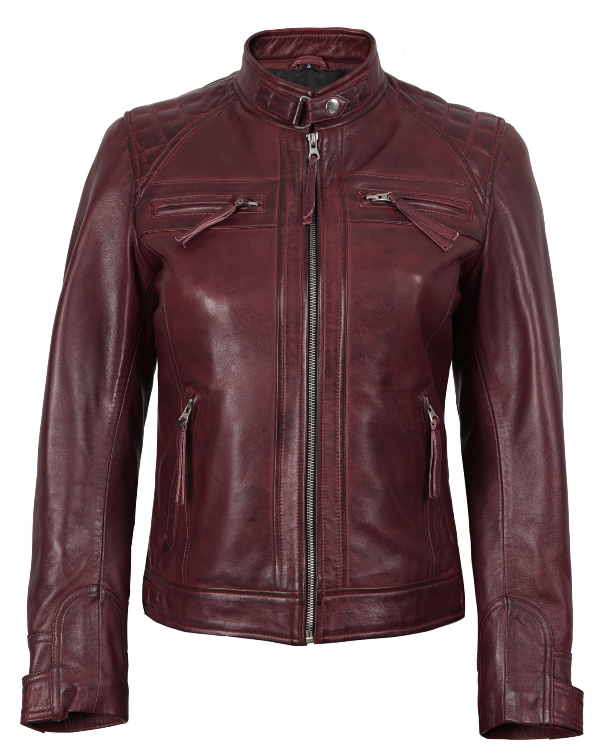 fjackets Leather Jacket Women Moto Style Real Lambskin Leather, Quilted Cafe Rac