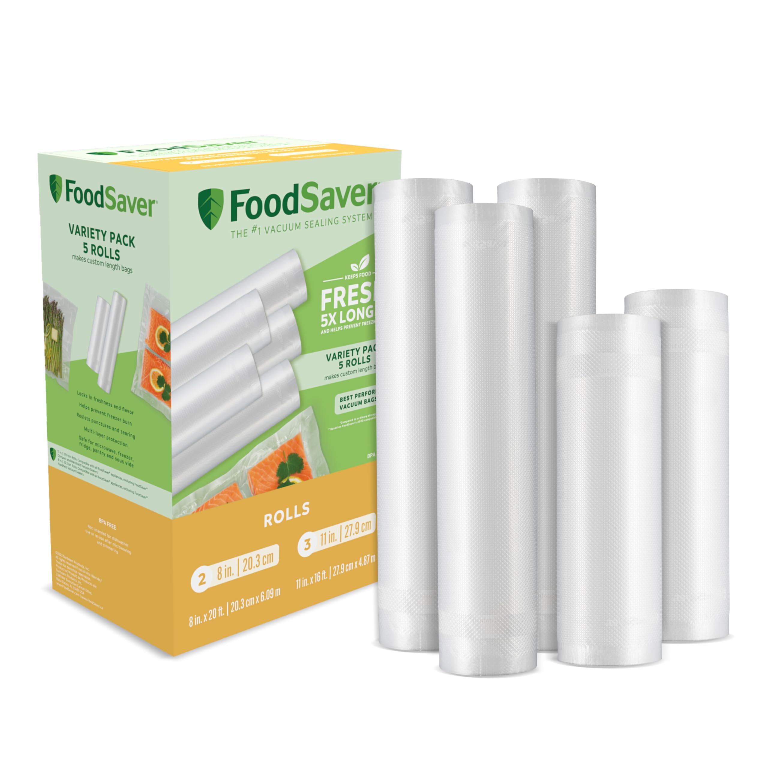 FoodSaver Custom Length Vacuum Sealer Bags Multipack, 5 Count Rolls for Airtight