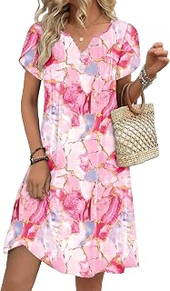 Zeagoo Women's Casual Dresses with Pockets Summer Floral V-Neck A-Line Tshirt Dress Short Sleeve Mini Dress Beach Sundress