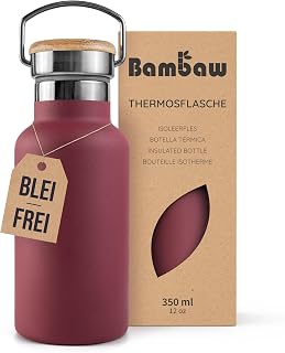 Bambaw Stainless Steel Drinking Bottle, 350 ml, Insulated for Hot and Cold Drinks, Reusable, Slim, with Handle & Wide Opening, for School, Gym & Sports (Cherry Red)