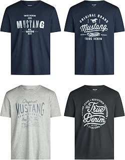 Mustang, Pack of 4 Men's T-Shirts with Front Print and Round Neck, Assorted Colours Blue and Black