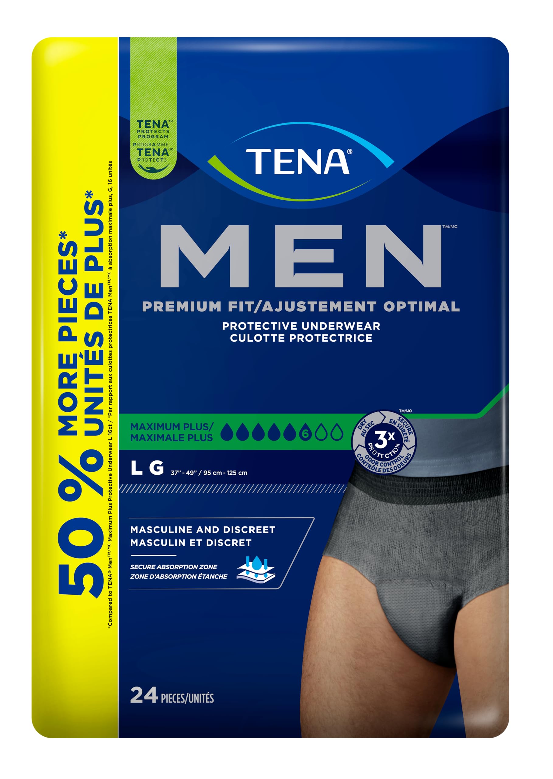 TENA Men Maximum Plus Incontinence Underwear, Large, 37-49in, Grey, 24 ct | Desi
