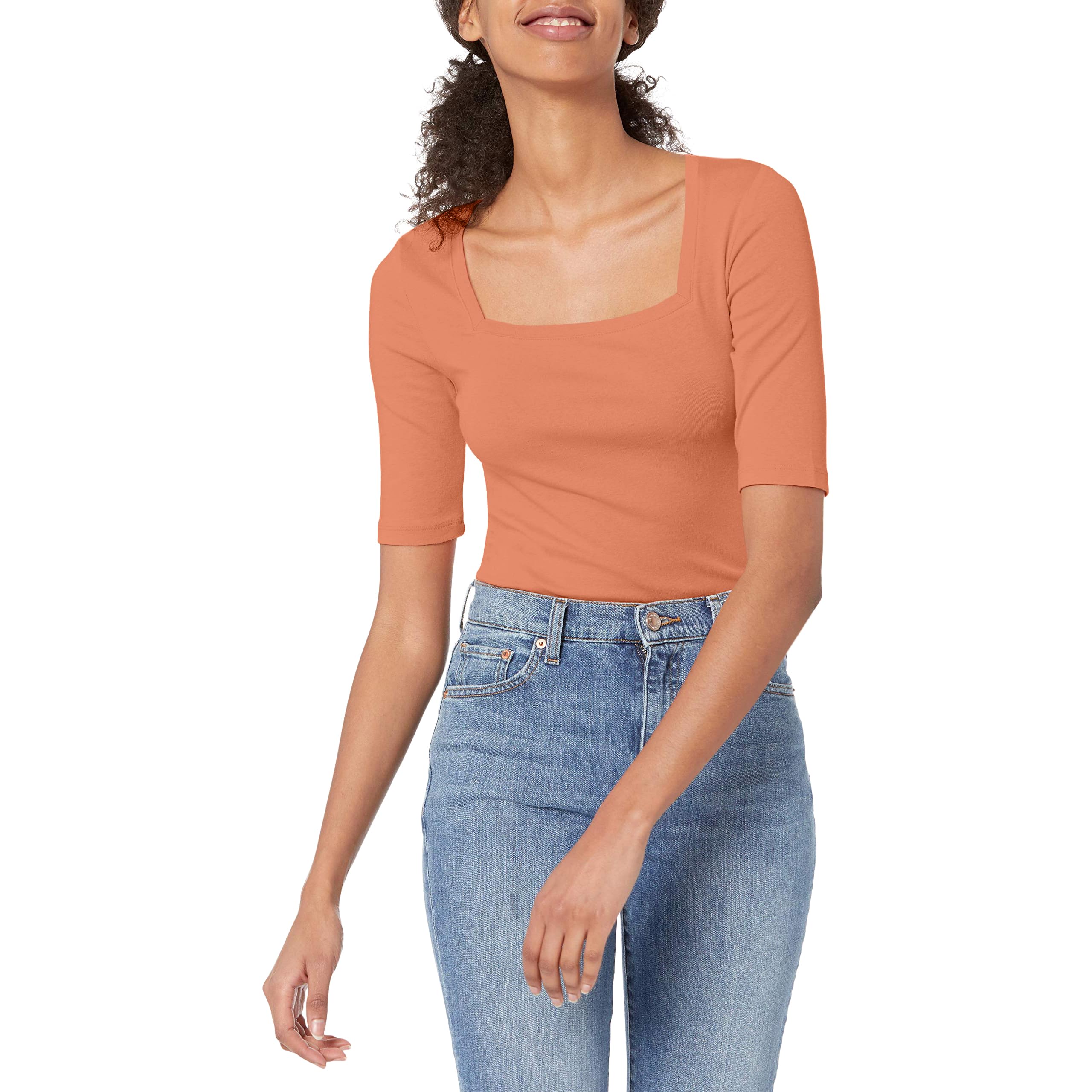 Amazon Essentials Women's Fitted T-Shirt with Square Neck and Half Sleeves