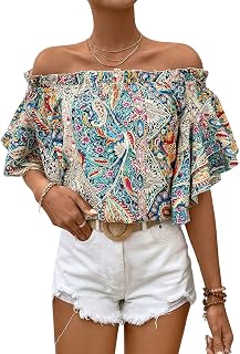 Floerns Women Boho Off Shoulder 3/4 Bell Sleeve Summer Blouse