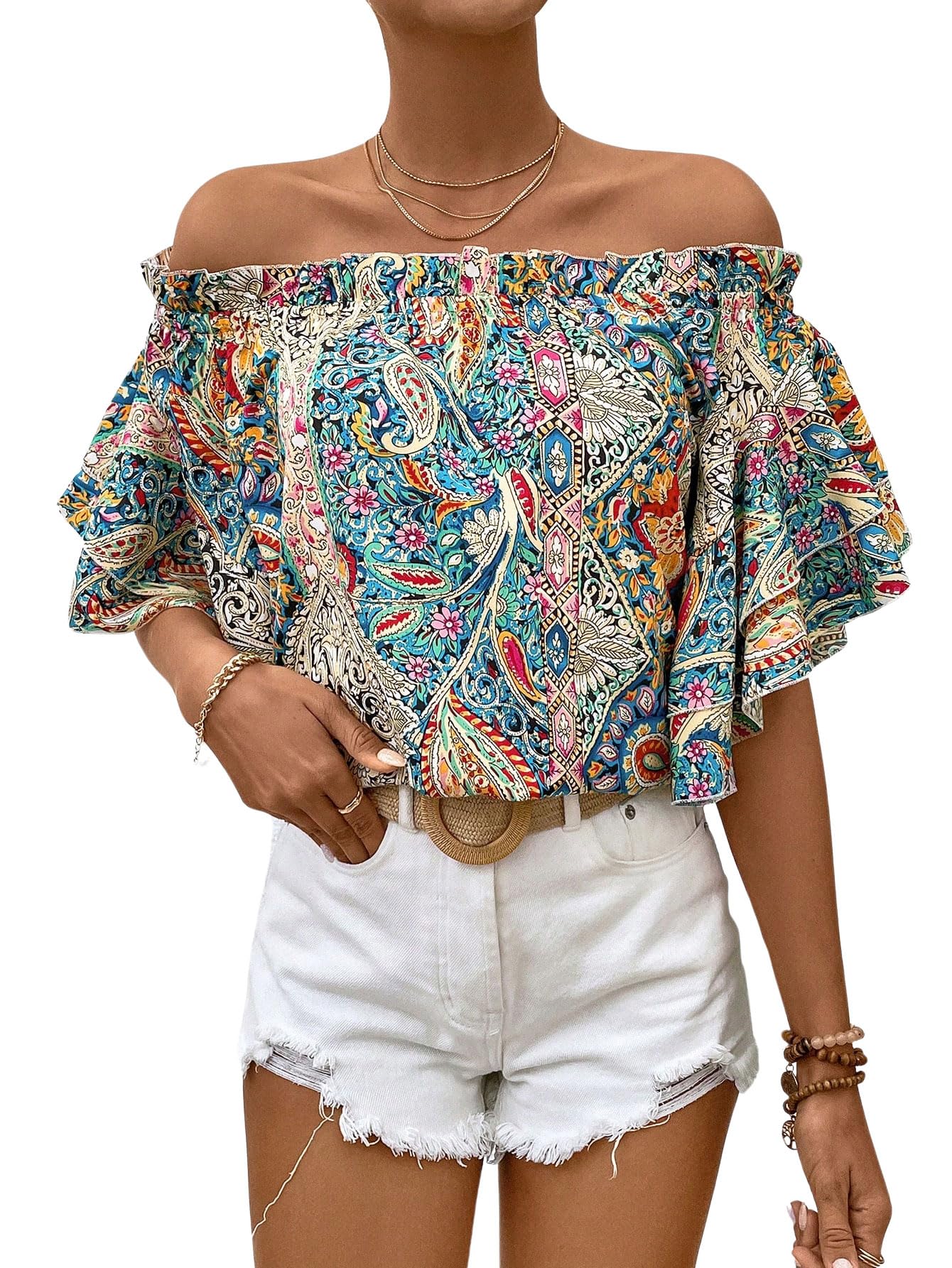 Floerns Women Boho Off Shoulder 3/4 Bell Sleeve Summer Blouse