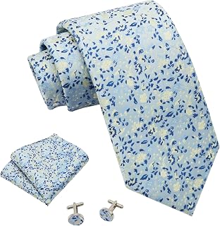 Mantieqingway Floral Ties for Men Handkerchief Cufflinks Set, Groomsmen Tie Polyester Necktie for Wedding Informal Prom Party