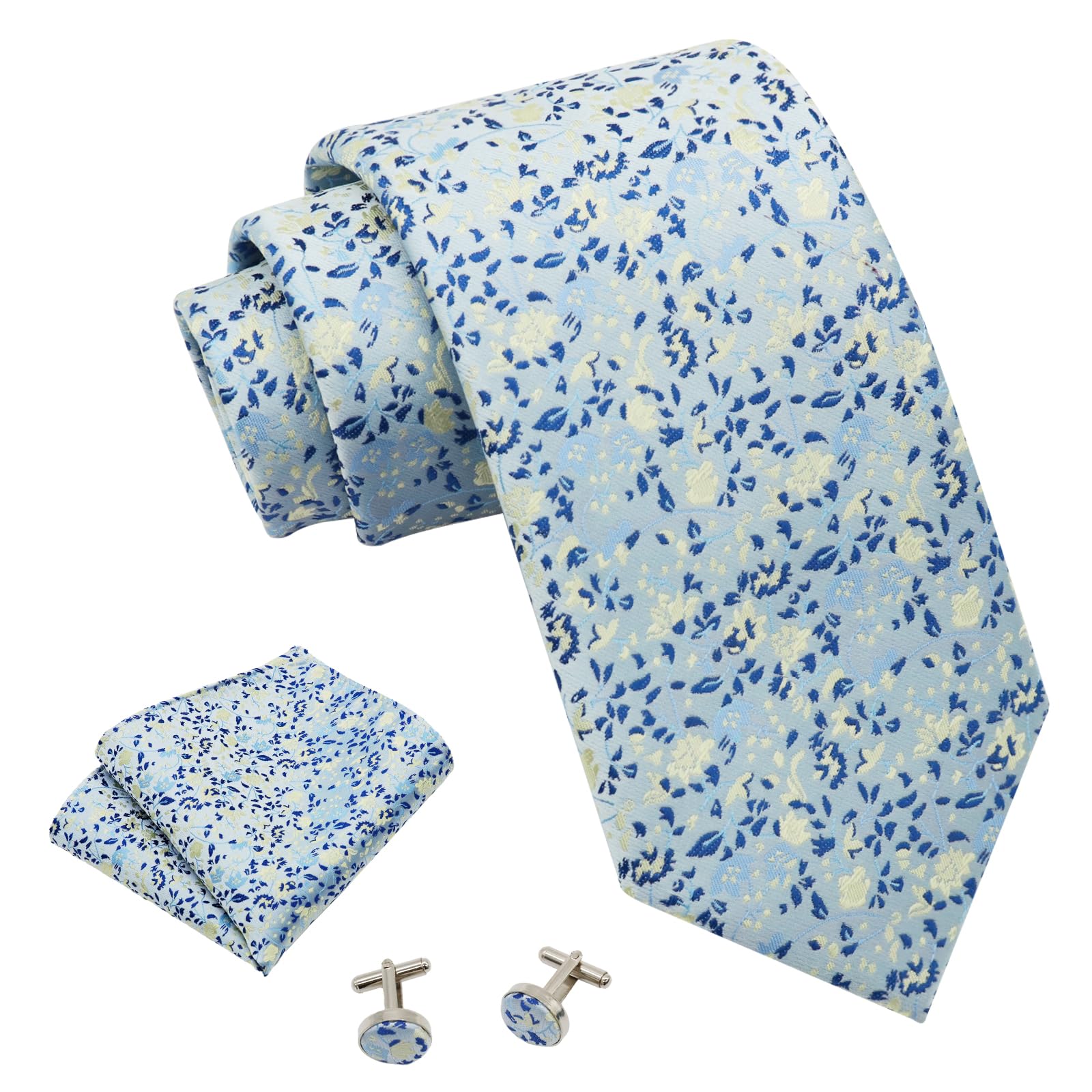 Mantieqingway Floral Ties for Men Handkerchief Cufflinks Set, Groomsmen Tie Poly